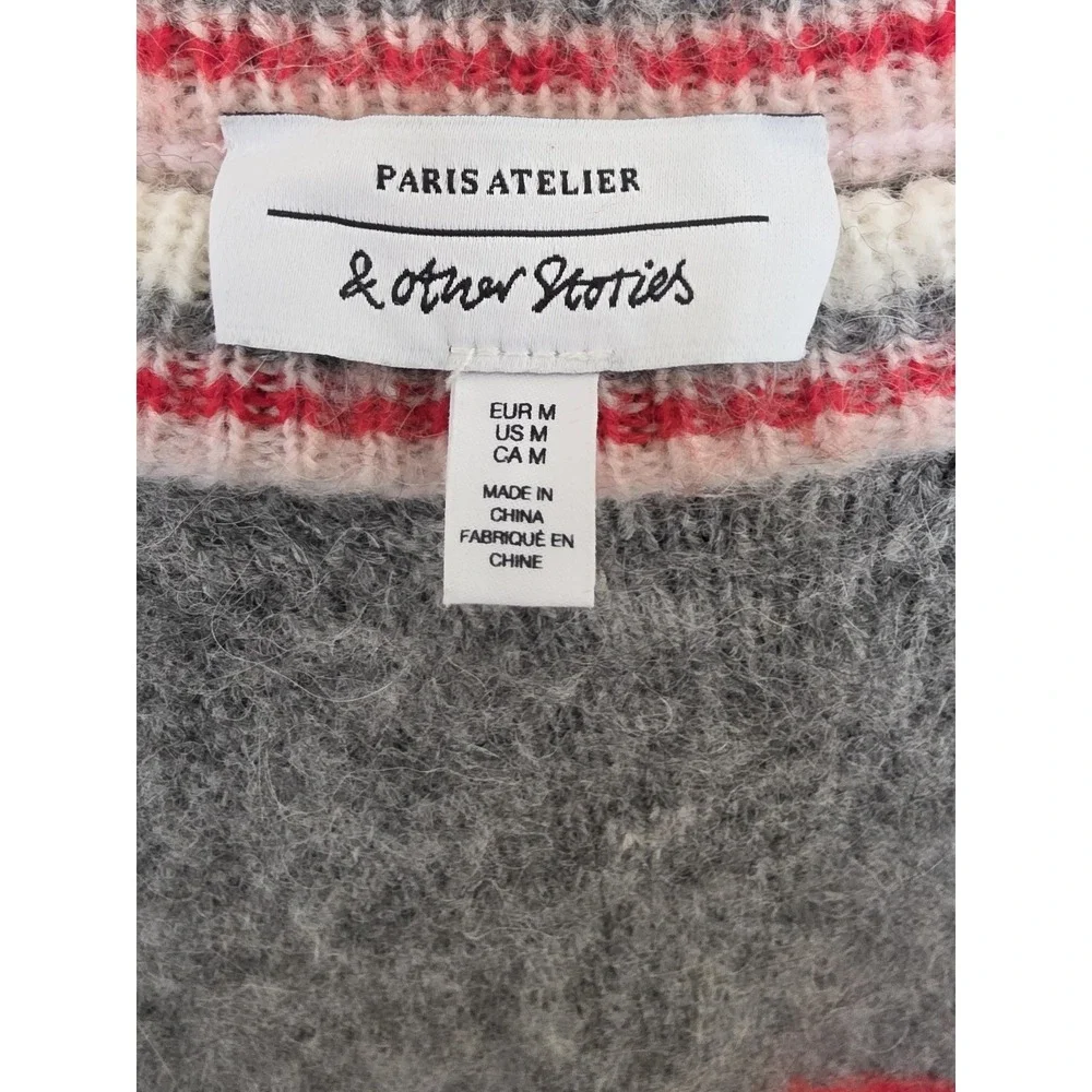 & Other Stories Striped Pullover Sweater M Grey Red Pink Crew Neck Wool